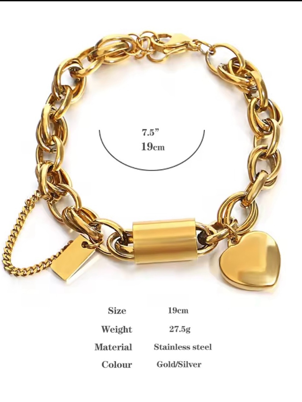 Gold Heart Charm Chain Bracelet for Women - Polished Gold Link Bracelet